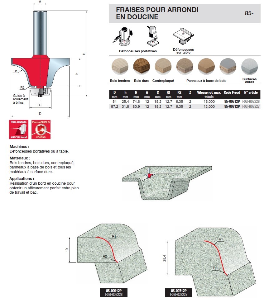 fraise pour arrondi en doucine (pour Corian)